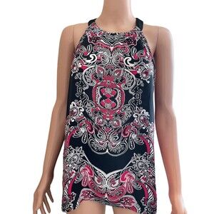 Nicole Miller halter paisley print halter top blouse tank tunic SZ LG pink/black
